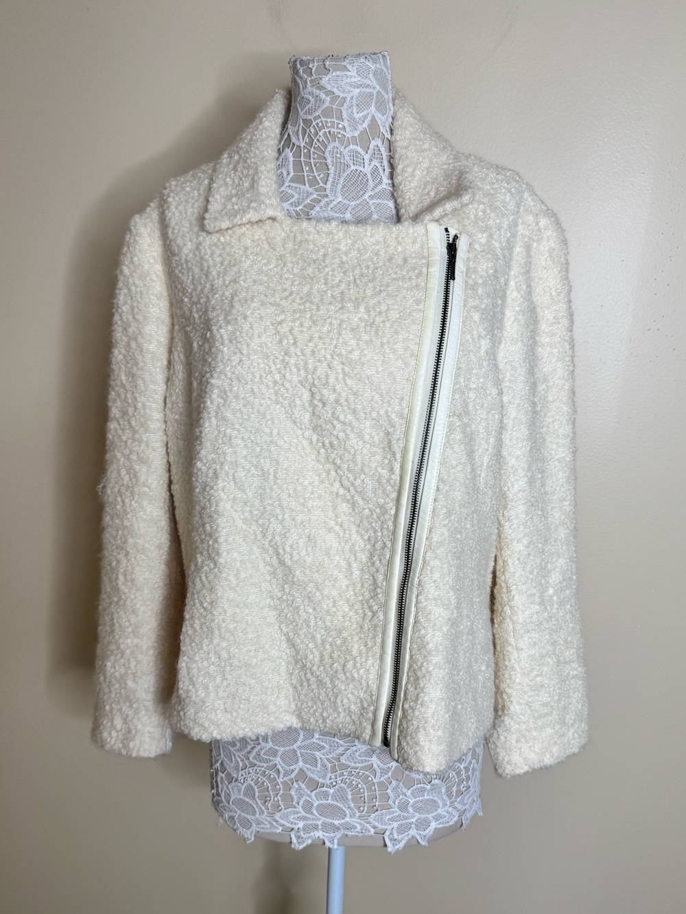 Eileen Fisher Boucle Asymmetrical Moto Jacket Cream size 2X Alpaca Wool